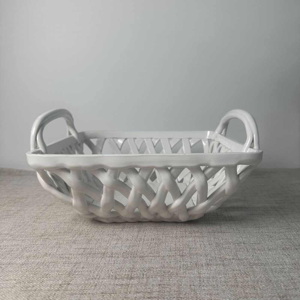 Tabletops Gallery White Ceramic Woven Serving Basket Handles 10"